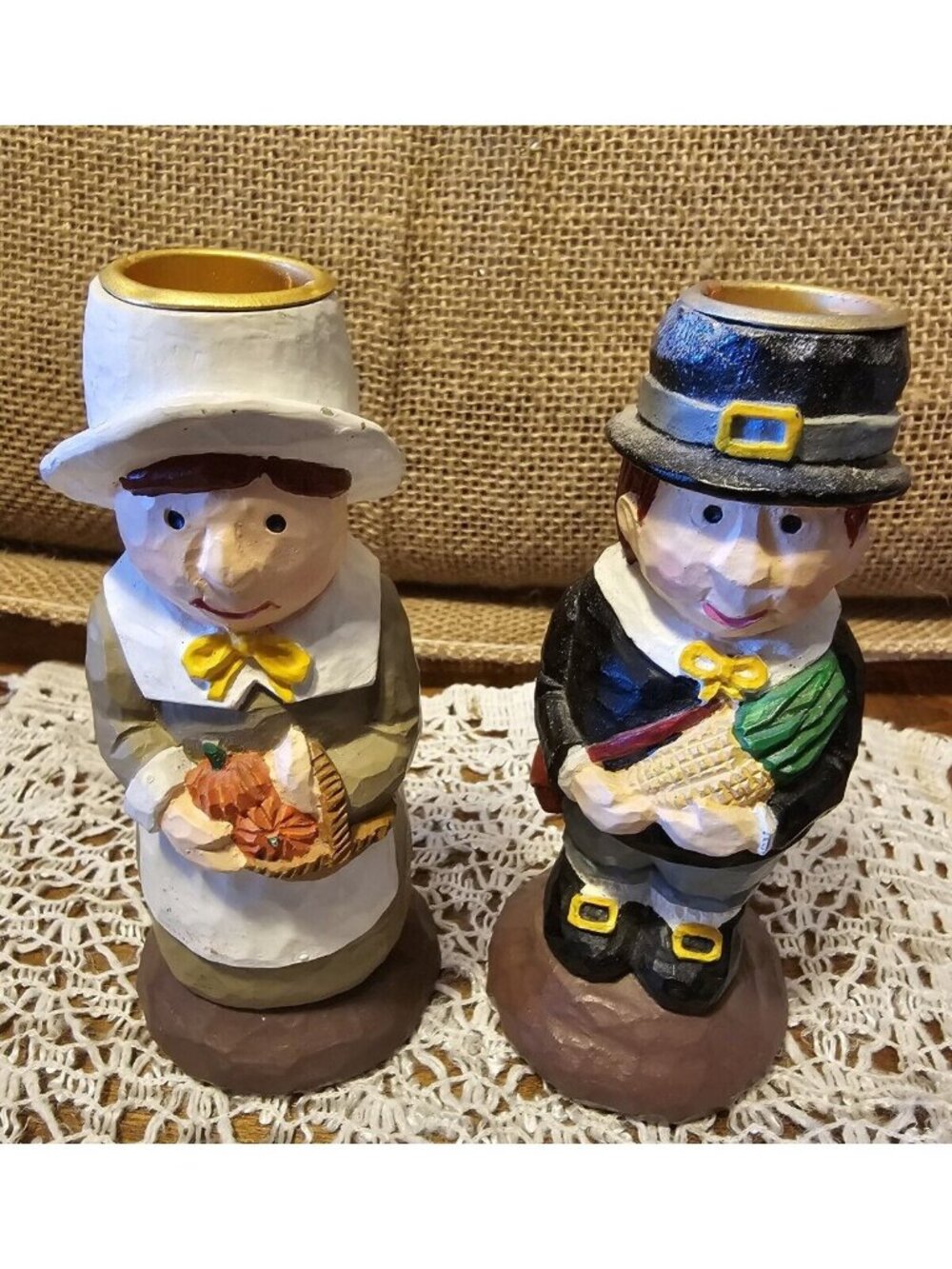 TELEFLORA PILGRIMS Vintage Candle Holders Man And  Women Holders Thanksgiving